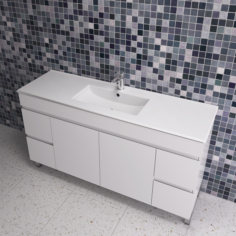 1500MM Gloss White MDF Bathroom Vanity 4 Side Drawers 2 Middle Doors Free standing Cabinet Only