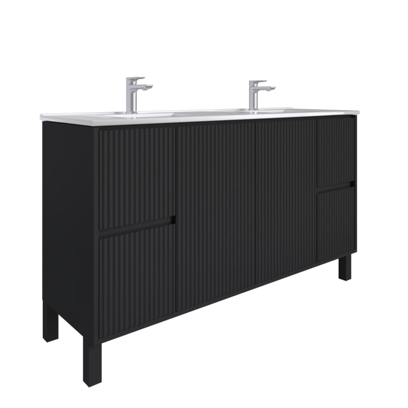 1500mm Brio Matte Black 2PAC Coating PVC Freestanding Elegant Wave-Like Fluted Design Bathroom Vanity Cabinet Only