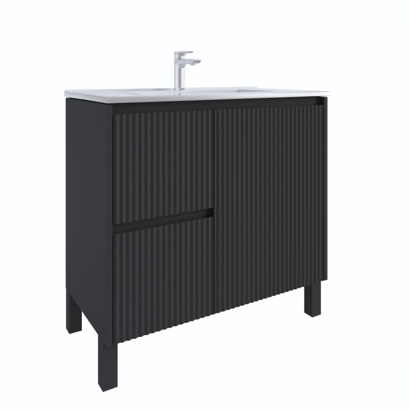 900mm Brio Matte Black 2PAC Coating PVC Freestanding Elegant Wave-Like Fluted Design Bathroom Vanity Cabinet Only