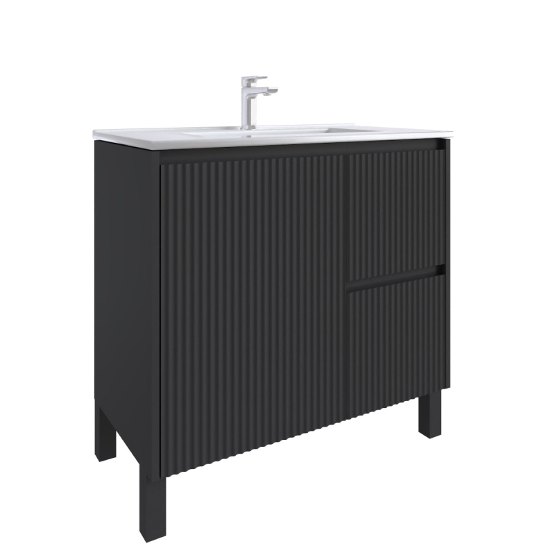 900mm Brio Matte Black 2PAC Coating PVC Freestanding Elegant Wave-Like Fluted Design Bathroom Vanity Cabinet Only