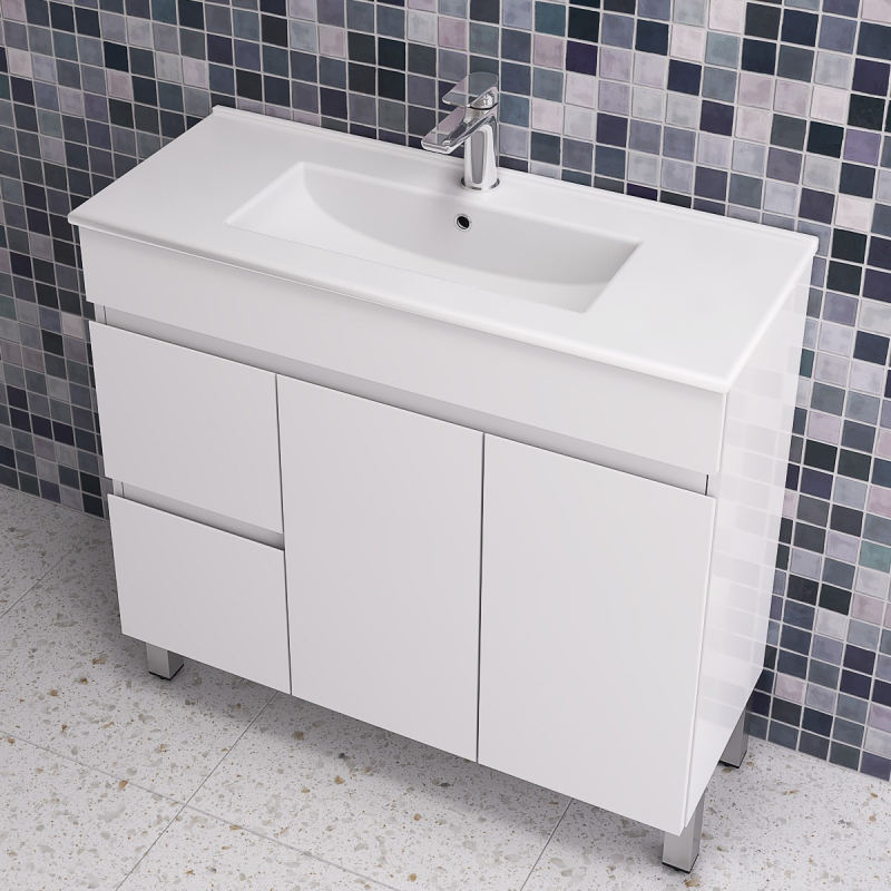 900MM Gloss White PVC Bathroom Vanity Left Drawers Free standing Cabinet Only