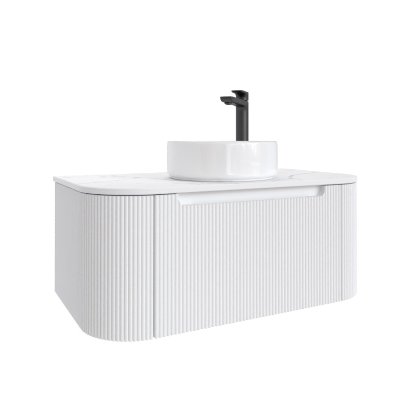 900mm Matte White 2PAC PVC 1/DW Curved Ribbed Design Wall Hung Finger Pull Drawer Cabinet Only 