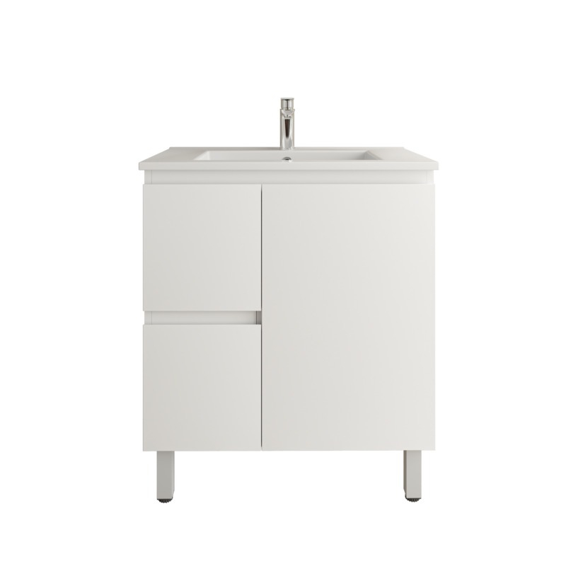 750Lx830Hx450Dmm Gloss White 2PAC PVC Two Left Drawers One Right Door Freestanding Vanity Cabinet Only