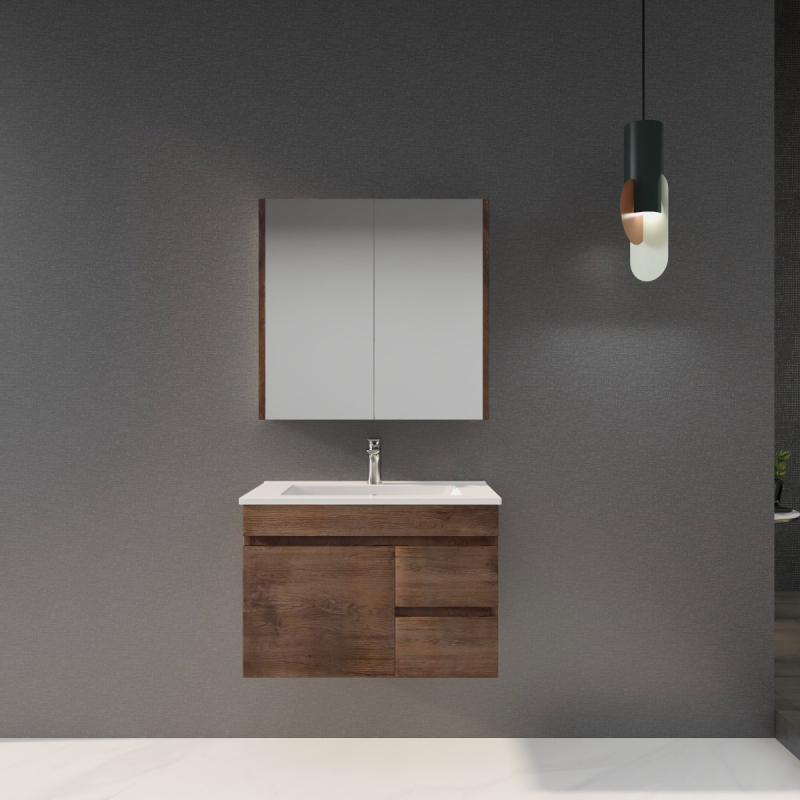 750mm Dark Oak MDF Bathroom Vanity Right Drawers Wall Hung Cabinet Only