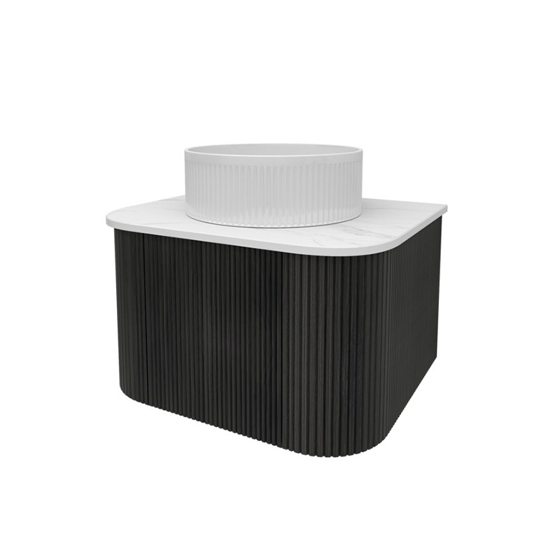 Kiama 600mm Bottega Oak 1 Door Curved Wall Hung Fluted Bathroom Vanity