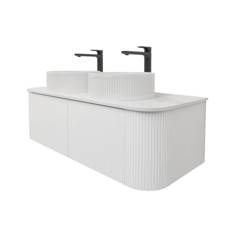 Kiama 1200mm Matte White 2 Drawers Curved Wall Hung Fluted Bathroom Vanity