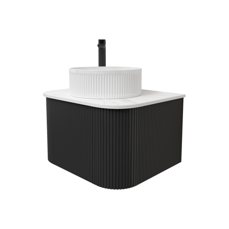 Kiama 600mm Matte Black 1 Door Curved Wall Hung Fluted Bathroom Vanity