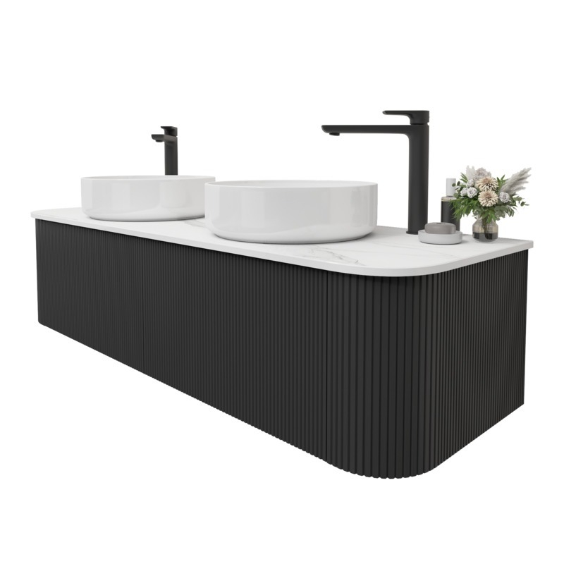 Kiama 1500mm Matte Black 2 Drawers Curved Wall Hung Fluted Bathroom Vanity