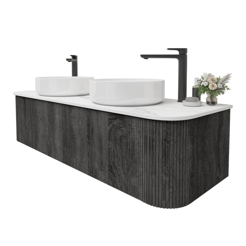 Kiama 1500mm Dark Grey 2 Drawers Curved Wall Hung Fluted Bathroom Vanity