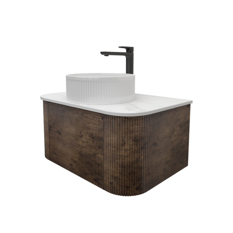 Kiama 750mm Dark Oak 1 Drawer Curved Wall Hung Fluted Bathroom Vanity