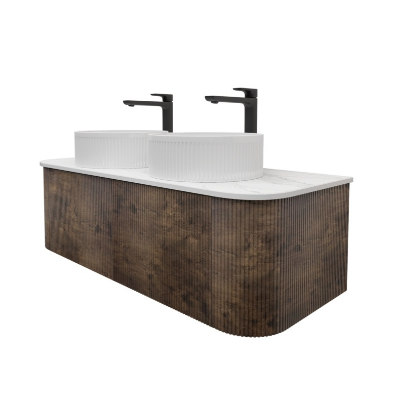 Kiama 1200mm Dark Oak 2 Drawers Curved Wall Hung Fluted Bathroom Vanity