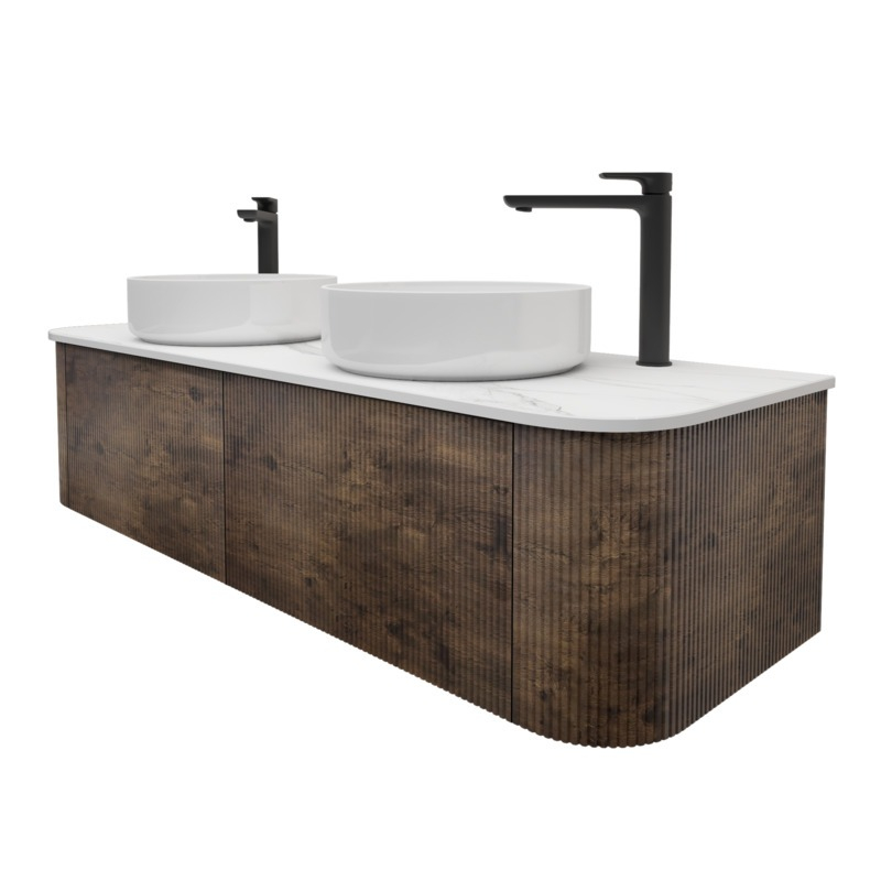 Kiama 1500mm Dark Oak 2 Drawers Curved Wall Hung Fluted Bathroom Vanity