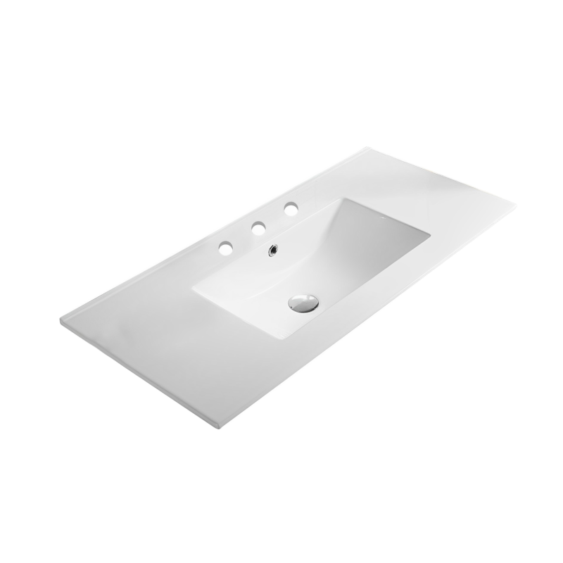 905*463*175mm Gloss White Crete Fine Ceramic Counter Top 3 Tap Hole Overflow 32mm Waste