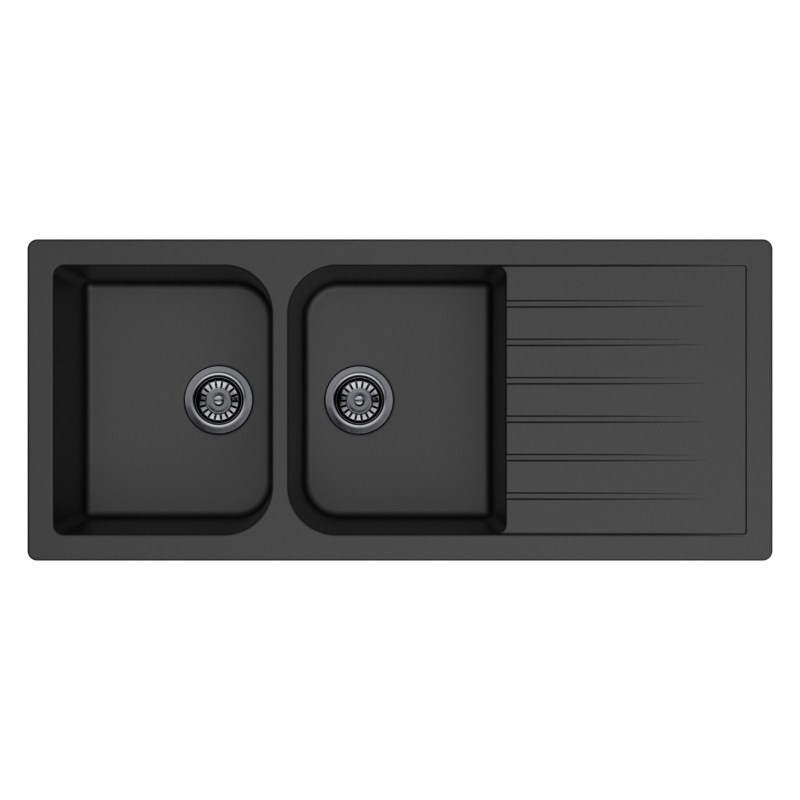 Size:1160*500*225mm Bowl: 339*418*208mm Matte Black Crete Granite Sink Double Bowl with Drainer