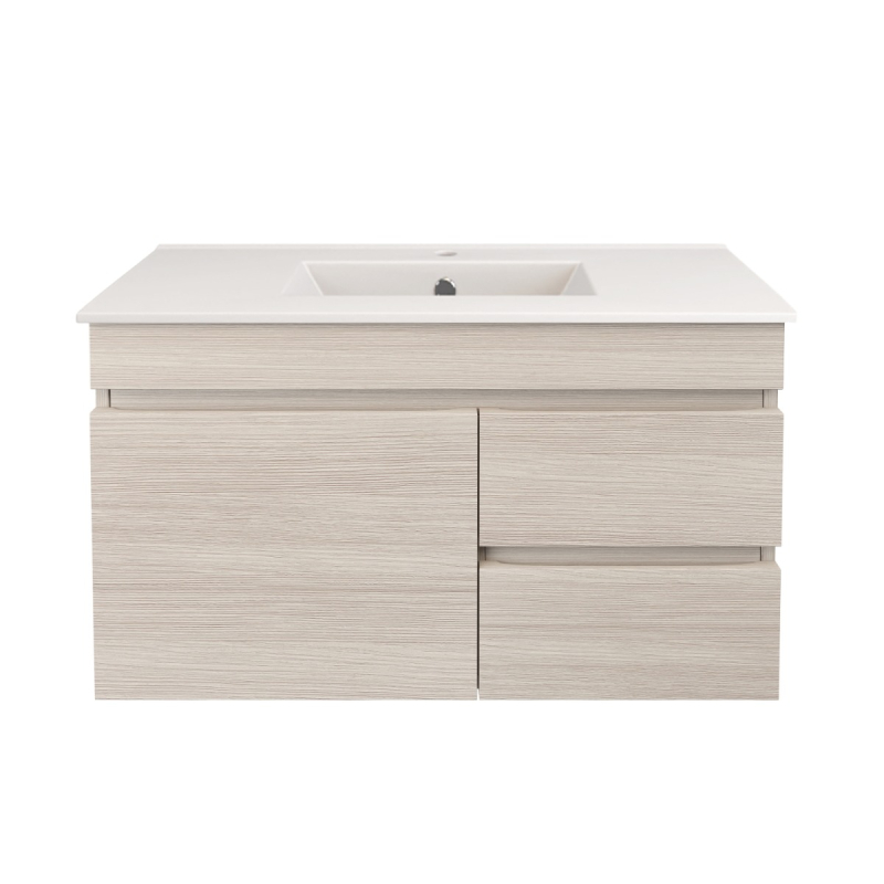 890X370X500mm Camden Modern Wall Hung Cabinet Coastal Oak Soft Closing Finger Pull Door Right Hand Drawers