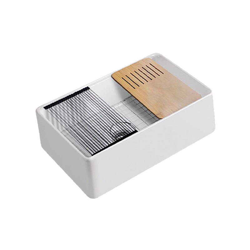 Size:835*508*255mm Gloss White Orta Fine Fireclay Farmhouse Sink With Work Station Doulle Bowl Grid Waste Rolling Mat And Bamboo Cutting Board Included