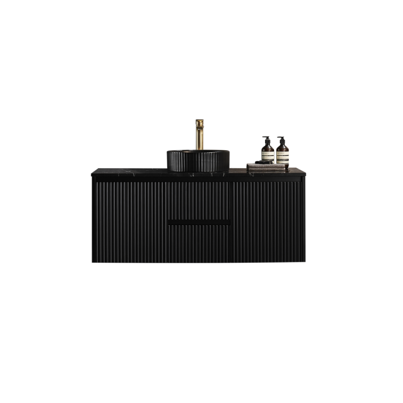 1190X455X480mm Matte Black Crete Modern Fluted Wall Hung Vanity PVC Cabinet Center Drawer