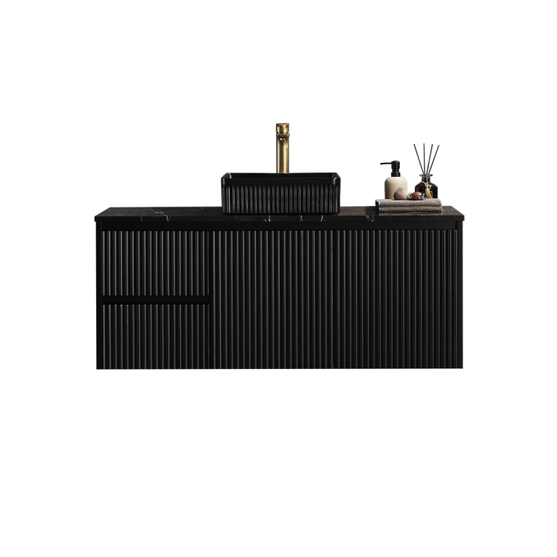 1190X455X480mm Matte Black Crete Modern Fluted Wall Hung Vanity PVC Cabinet Left Hand Drawers