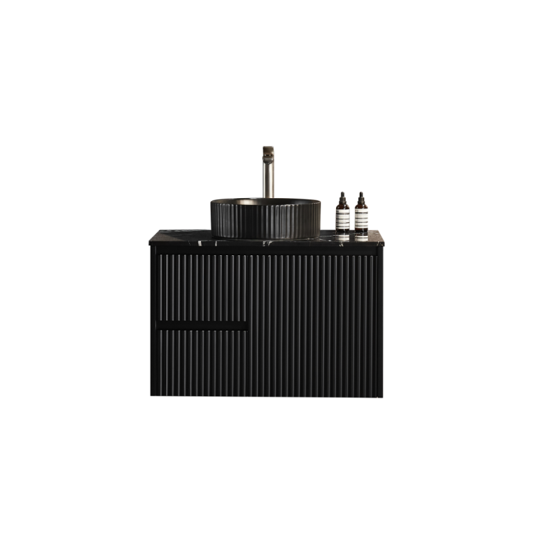 740X455X480mm Matte Black Crete Modern Fluted Wall Hung Vanity PVC Cabinet Left Hand Drawers