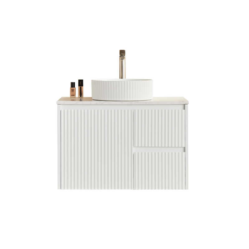 740x455x480mm Matte White Crete Modern Fluted Wall Hung Vanity PVC Cabinet Right Hand Drawers