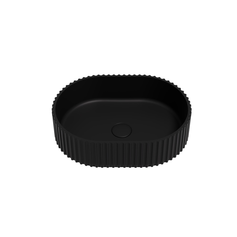 480*345*140mm Matte Black Ellips Fluted Solid Surface Above Counter Basin 32mm Waste
